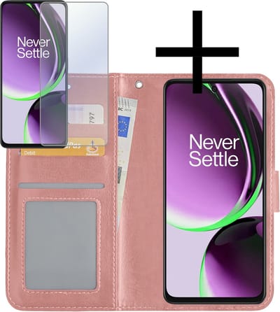 Hoesje - Met Screenprotector - Geschikt voor OnePlus Nord CE 3 Lite - Luxe Pasjeshouder - Bookcase Portemonee - Flip Case - Kunstleer Book Case - Flipcase - Book Cover - Walletcase - Portemonneehoes - Rosé goud
