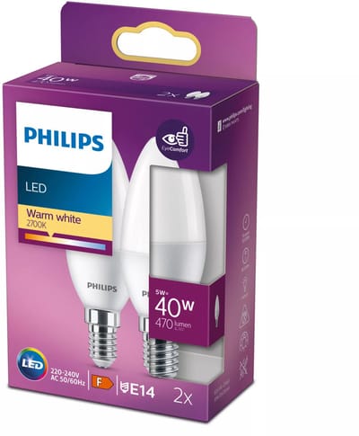 Energiezuinige Philips LED Kaars Mat - 40 W - E14 - warmwit licht - 2 stuks - Bespaar op energiekosten