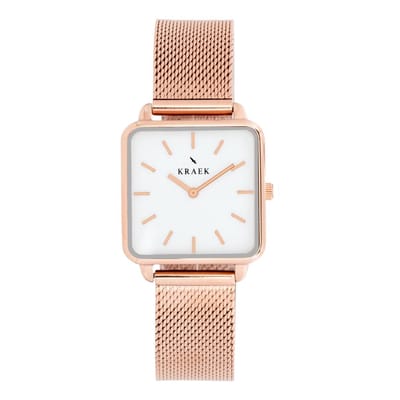 KRAEK Ilene Rosé Goud Wit 28 mm - Dames Horloge - Rosé Goud Mesh horlogebandje - Easy click bandje