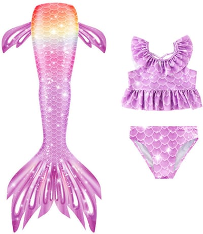 Joya Kids® Zeemeerminstaart met bikini verkleed set Lila en Oranje | Staart met bijpassende bikini | Mermaid Staart | Prinsessen jurk | Zeemeermin Verkleedkleding meisje | Maat 110