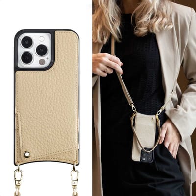 Selencia Hoesje - Geschikt voor Apple iPhone 13 Pro - Backcover met koord en pashouder - Beige