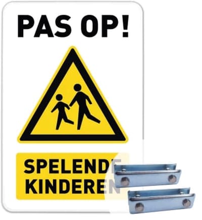 Bord Pas op spelende kinderen - Weerbestendig Aluminium - 40x60 cm - Bevestiging: Met hekbeugels (voor spijlen- of gaashek)
