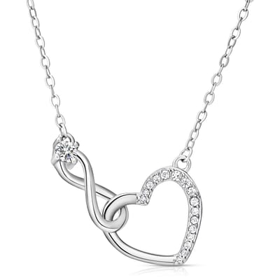 Juwelium Ketting + Houten Doos & Teddybeer Geschenkset | Luxe Zilveren Infinity Hart Ketting met Zirkonia | Perfect Cadeau voor Vrouw, Vriendin, Moeder, Dochter