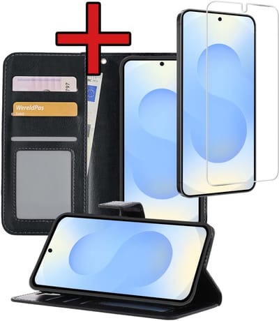Hoesje - Met Screenprotector - Geschikt voor Samsung Galaxy S25 Edge - Luxe Pasjeshouder - Flipcase - Bookcase Portemonee - Flip Case - Kunstleer Book Case - Book Cover - Walletcase - Portemonneehoes - Telefoonhoes - Zwart