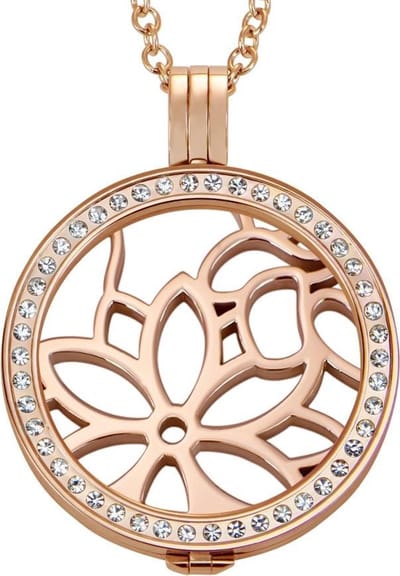 Quiges - Munthouder met Ketting en Munt 33mm Bloem Patroon - RVS Rosegoudkleurig met Zirkonia - ERHS1112