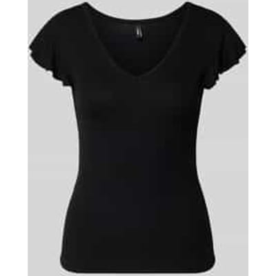 Only zwarte dames t-shirt   V-hals   Slim Fit   Rib patroon   Kap mouw Zwart L