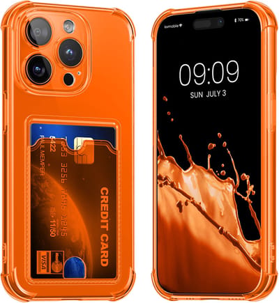 kwmobile Hoesje met kaarthouder voor Apple iPhone 15 Pro Max - telefoonhoesje met kaartsleuf - Soft Case - beschermhoesje in fruitig oranje / transparant
