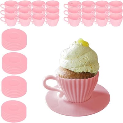 Bakvormen Theekopjes - Siliconen Cupcakes - Feestelijke Taarten - Set van 48 stuks - 24 Kopjes & 24 Schotels - Roze