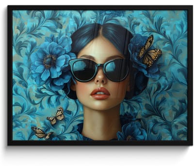 Poster in lijst - Fotolijst 70x50 cm - Posters - Vrouw - Bloemen - Vlinders - Blauw - Abstract - Posterlijst zwart - Decoratie - Wanddecoratie woonkamer - Muurdecoratie slaapkamer