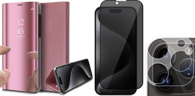 Hoesje geschikt voor iPhone 15 Pro - Privacy Screenprotector FullGuard & Camera Lens Screen Protector - Book Case Spiegel Roségoud