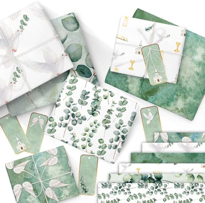 6 vellen cadeaupapier | 60x40cm - 6 verschillende ontwerpen van hoge kwaliteit op 80g/m² papier - Eucalyptus-cadeauverpakking voor doop, communie, bevestiging - met 12 etiketten - Set 1