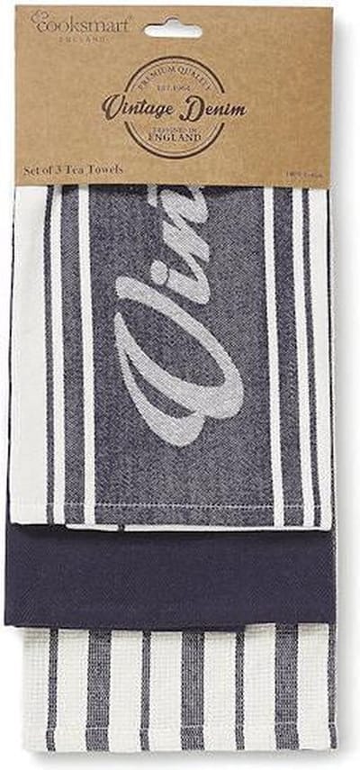 Cooksmart Theedoeken - Set - Per 3 Stuks - Vintage Denim - Blauw - Wit