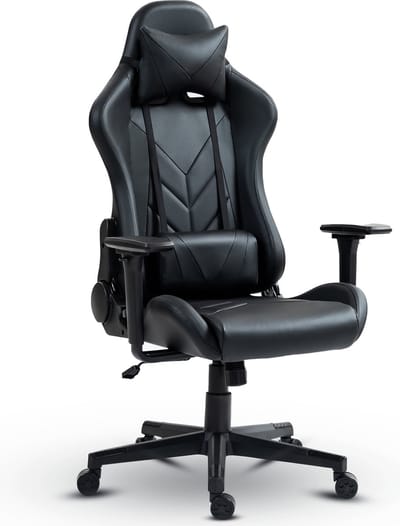 Gamestoel - Game Stoel - Gaming Chair - Bureaustoel - Incl. kantelfunctie tot 180°, 4D-verstelbare armleuningen, lendensteun & hoofdsteun - Zwart