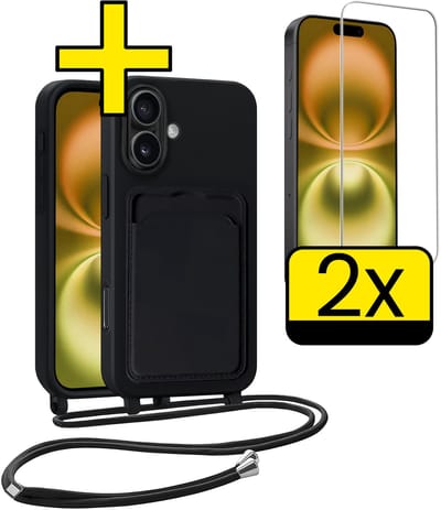 Hoesje Geschikt voor iPhone 16 Plus Telefoonhoesje Met Koord Case Pashouder Met 2x Screenprotector Siliconen - Hoes Geschikt voor iPhone 16 Plus Hoesje Met Kaarthouder - Zwart