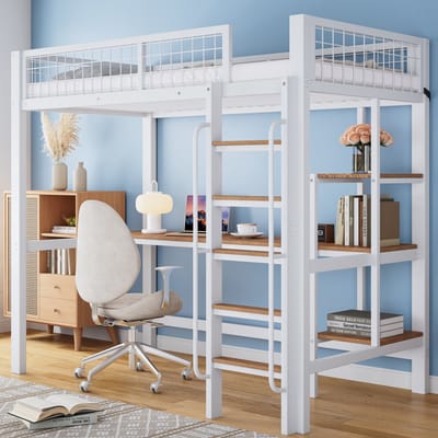 MEUNIQ hoogslaper 90x200 cm met bureau en opbergplanken, metalen bedframe met 5-treeds ladder en uitvalbeveiliging voor kinderkamer, wit en naturel