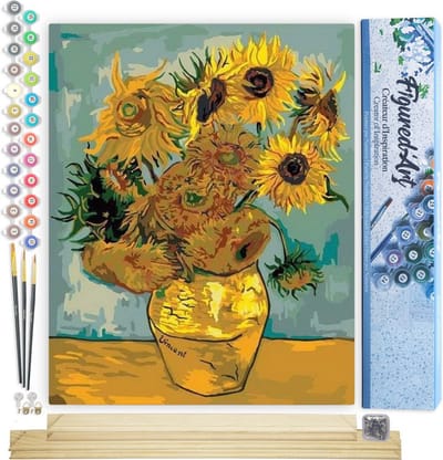 Figured'Art Schilderen op Nummer Volwassenen canvas Van Gogh - Zonnebloemen - Handwerk acrylverf Kit DIY Compleet - 40x50cm met DIY houten lijst