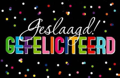 Geslaagd! Van harte gefeliciteerd. Een bijzondere kaart met kleurrijke stippen. Een mooie kaart om zo te geven of om bij een cadeau te voegen. Een dubbele wenskaart inclusief envelop en in folie verpakt.