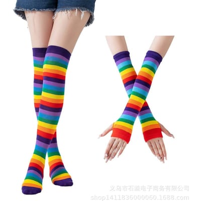 Chaussettes Gants Tricotées Arc-en-ciel Hautes Chaussettes Genou Coton Polyester Chaussettes Gants Rayées Colorées pour Femmes Ensemble Chaussettes One Size blue