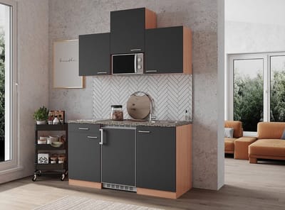 Goedkope keuken 150 cm - complete kleine keuken met apparatuur Gerda - Beuken/Grijs - keramische kookplaat - koelkast - magnetron - mini keuken - compacte keuken - keukenblok met apparatuur