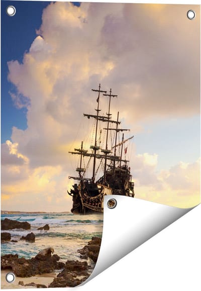 Gards Tuinposter Piratenschip aan de Kust bij Zonsondergang - 40x50 cm - Tuindoek - Tuindecoratie - Wanddecoratie buiten - Tuinschilderij
