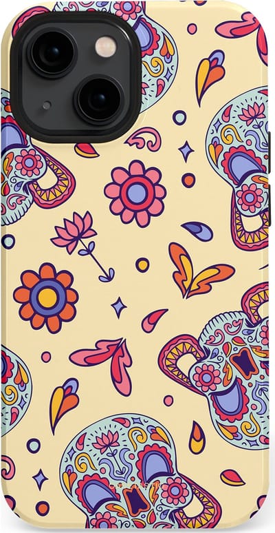 Casetastic hoesje geschikt voor Apple iPhone 13 mini - MagSafe - Dubbellaagse bescherming - Dia de los Muertos Doodshoofd Bloemen - Fashion Case - Crème Lila Zilver