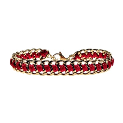 18cm tot 22cm Armband Dames - Breed - Verguld RVS - Cubaanse Schakelsarmband met Rode Koord - Verstelbaar