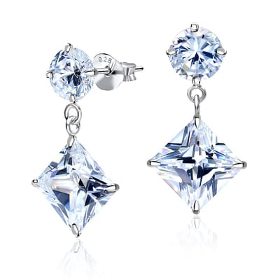 Joy|S - Zilveren elegante oorbellen - rond en ruit - stud oorhangers - zirkonia