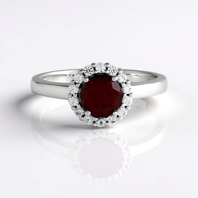 Cavill - Zilveren ring met Indische granaat 0,9 ct en 14 zirkonen 0,252 ct - 925 sterling zilver platina - Elegante ronde granaatring dames