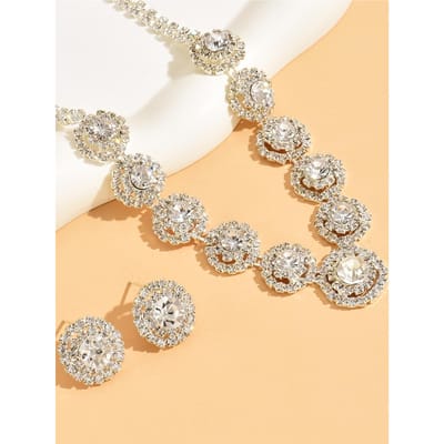 3-delige Bruiloft Dames Mode Sieradenset Kwastje Strass Oorbellen Ketting Luxe Feest Mode Accessoires Silver&45cm beige