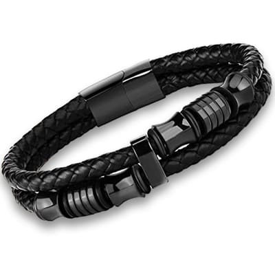 Victorious Leren Armband Heren – RVS Roestvrijstaal Sluiting – Zwart – 18cm