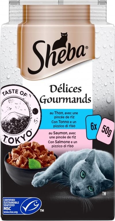 Sheba Delices Gourmands met Tonijn & Zalm en een vleugeltje Rijst 3x (6x50g)