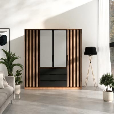 Lux D4 Oak Wotan/Black Wardrobe 196x200x57.5cm with Mirror - Bedroom Furniture, Storage – Multifunctional Cabinet Ribbed Fronts and 3 Drawers
