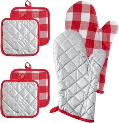 Ovenwanten Set - Keukenhandschoenen Hittebestendig - Koken en Bakken - Machine Wasbaar - 6 Stuks - Rood Wit