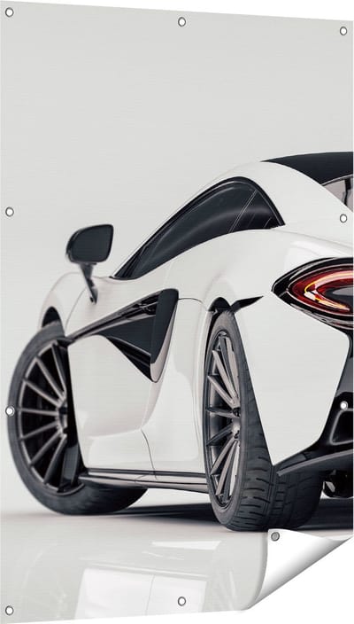 Gards Tuinposter Witte Sportwagen Auto - 80x120 cm - Tuindoek - Tuindecoratie - Wanddecoratie buiten - Tuinschilderij