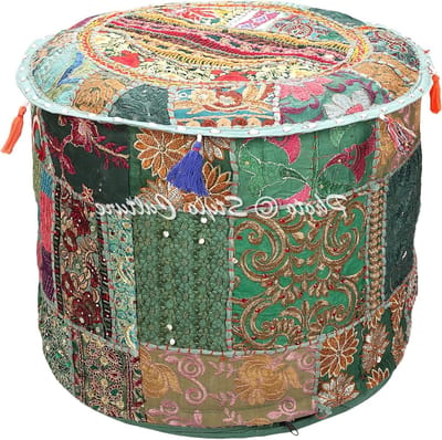 Vintage Donkergroene Indiase Geborduurde Patchwork Katoenen Poefstoel Cover - Traditionele Ronde Ottomaanse Poef Cover (18x18x13 Inch) 45cm