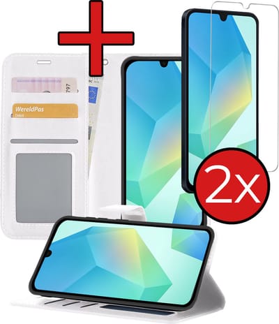 Hoesje - Met 2x Screenprotector - Geschikt voor Samsung Galaxy A16 - Luxe Pasjeshouder - Flip Case - Bookcase Portemonee - Kunstleer Book Case - Flipcase Hoes - Book Cover - Walletcase - Portemonneehoes - Telefoonhoes - Wit