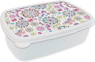 Broodtrommel Wit - Lunchbox - Brooddoos - Regenboog - Bloemen - Vlinder - Design - 18x12x6 cm - Volwassenen