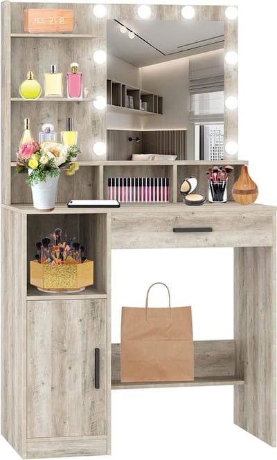 Make up Tafel - Kaptafel met Spiegel en Verlichting - Hollywood Spiegel - Hout - Grijs