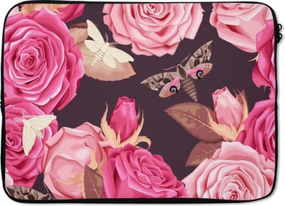 Laptophoes 13 inch - Rozen - Insecten - Patroon - Laptop sleeve - Binnenmaat 32x22,5 cm - Zwarte achterkant