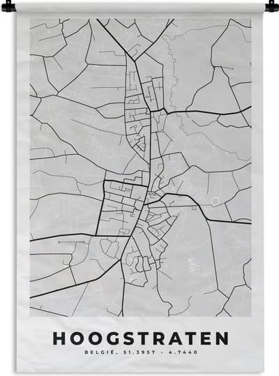 Wandkleed - Wanddoek - Stadskaart – Plattegrond – België – Zwart Wit – Hoogstraten – Kaart - 120x180 cm - Wandtapijt