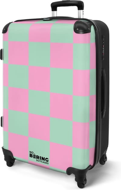 NoBoringSuitcases.com® - Reis koffer groot - Rolkoffer lichtgewicht - Roze met turquoise schaakbord print - Reiskoffer op 4 wielen - Travel luggage suitcase - Grote trolley XL - 20 kg bagage