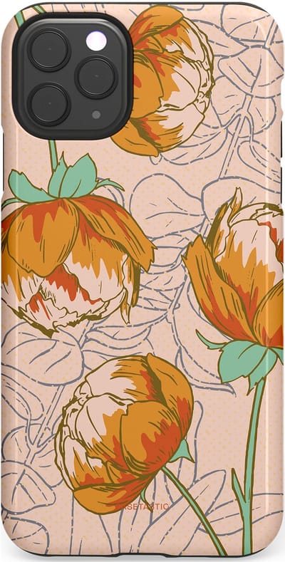 Casetastic hoesje geschikt voor Apple iPhone 11 Pro Max - Dubbellaagse bescherming - Lente pioenroos - Fashion Case - Zand Zilver Okergeel Terracotta