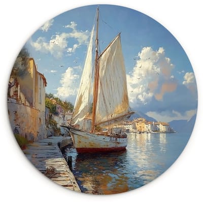 WallCircle® Wandcirkel 120x120 cm - Muurcirkel Zeilschip - Huizen - Kade - Zee - Muurdecoratie woonkamer - Wanddecoratie slaapkamer - Kamer decoratie accessoires - Ronde schilderijen XXL