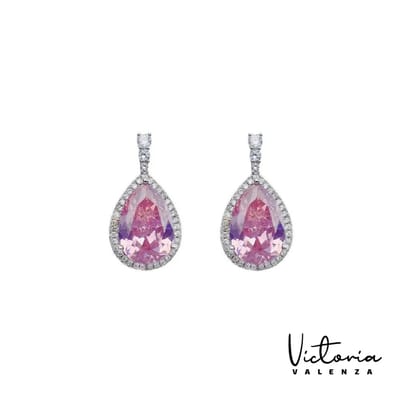 Victoria Valenza Cologne Luxe Oorbellen Dames Messing Oorhangers Dames Oorringen - Roze Steen - Kleur Zilver - 1 Paar