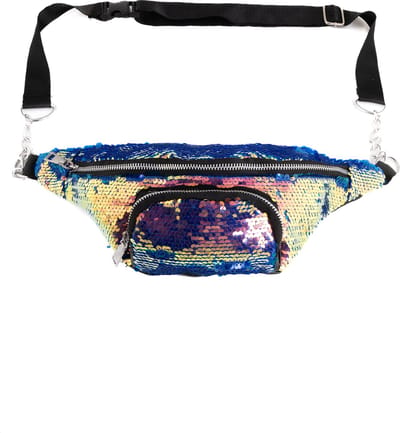 KIMU® Heuptas Rond Voorvak Pailletten Olie Donkerblauw Roze Met Ketting Heuptasje Sequin Tas Mermaid Zeemeermin Tasje Glitter Festival