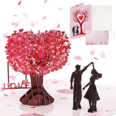 pop-up-kaarten - 3D Pop-up Kaart "Dansend Koppel onder Hartenboom" - Romantische Valentijnskaart & Huwelijkskaart - Handgemaakte Wenskaart met Envelop - Inclusief los notitiekaartje - romantisch