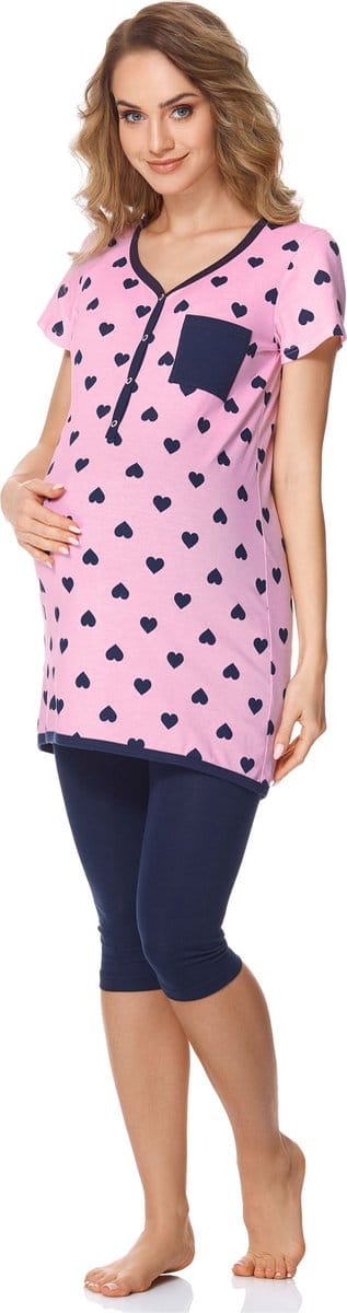 Bellivalini Dames Zwangerschapspyjama - Korte mouwen - Korte broek met borstvoedingsfunctie - Katoen - BLV-BLV50-126-PJ - Roze Harten/Marineblauw - S