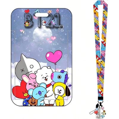 LINE FRIENDS BT21 Kpop Anime Cartoon Lanyard Sleutelhanger met ABS Kaarthouder voor Maaltijdkaarten OV-kaarten en ID-kaarten