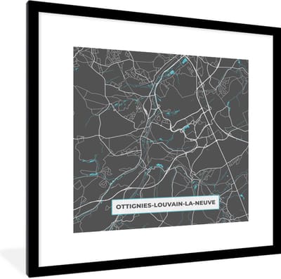 Fotolijst incl. Poster - Stadskaart – Grijs - Kaart – Ottignies Louvain la Neuve – België – Plattegrond - 40x40 cm - Posterlijst