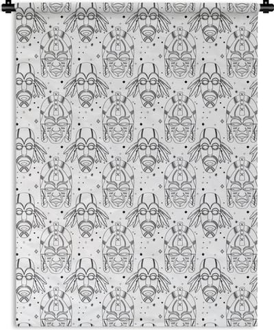 Wandkleed - Wanddoek - Inca - Maskers - Patroon - Zwart-wit - 150x200 cm - Wandtapijt